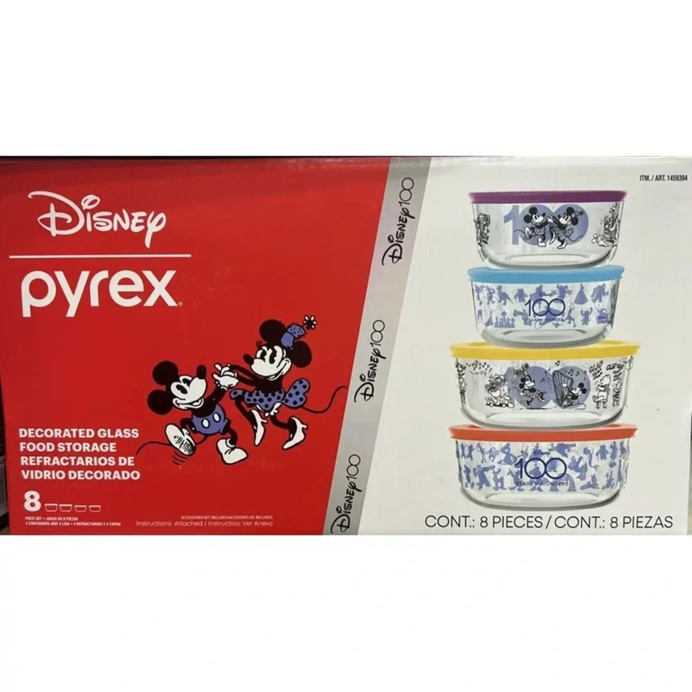 Disney 100 Years of Mickey & Minnie Mouse 8pc Decorated Glass Food Storage - Picture 1 of 4